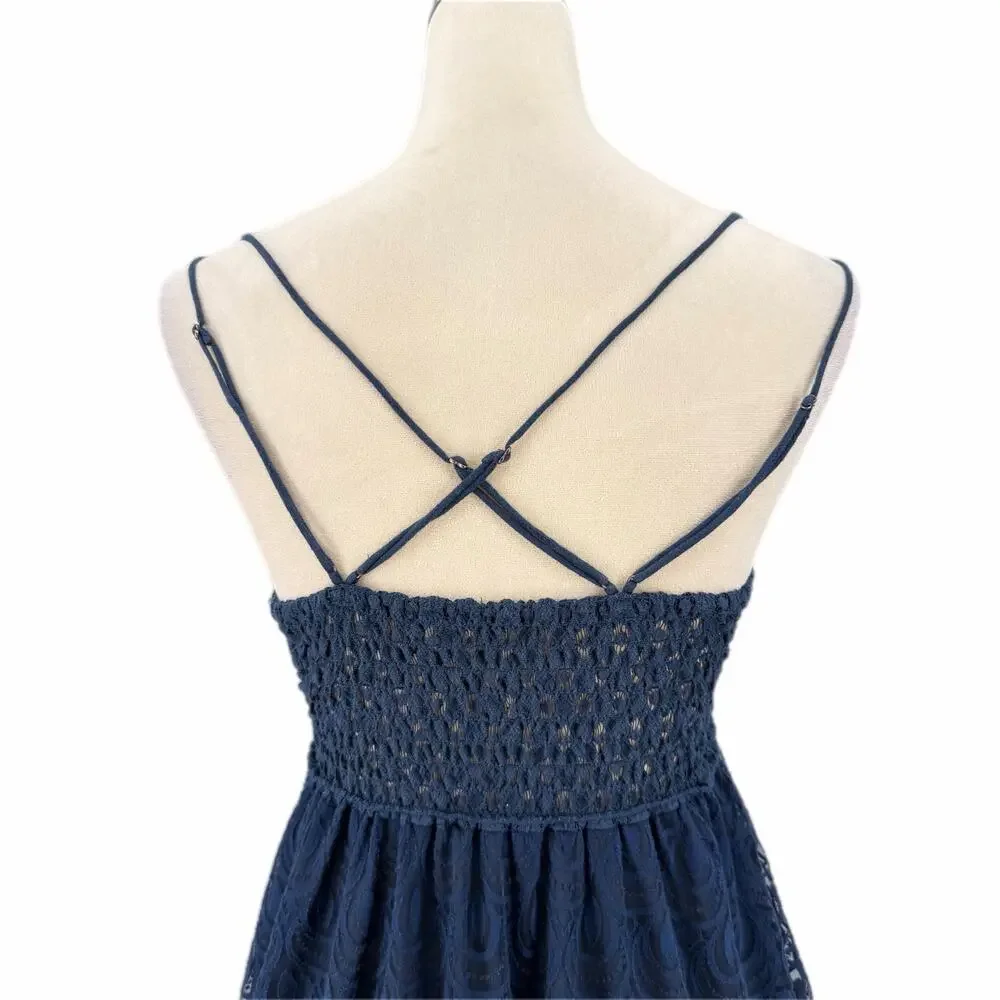 Free People FP One Adella Slip Navy Blue Lace Crochet Strappy Boho Mini Dress